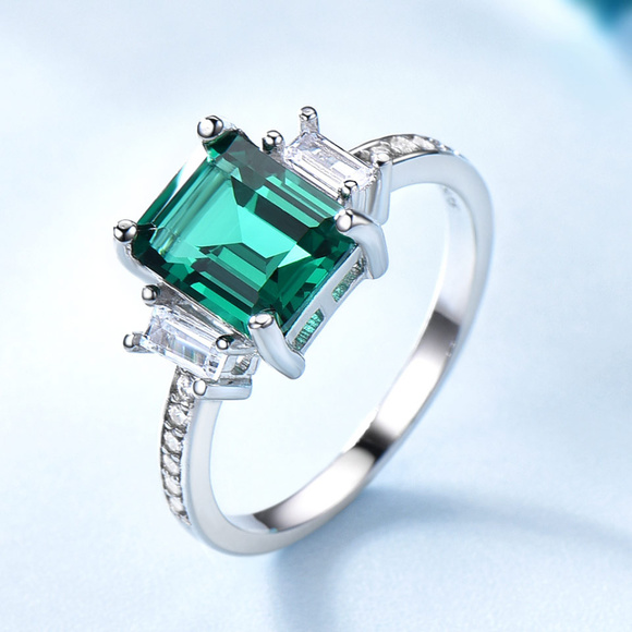 Green Emerald Art Deco Engagement Ring Silver Band
